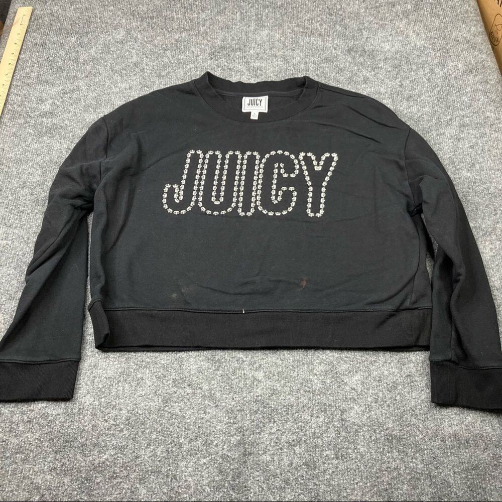 Juicy Couture Sweatshirt Womens Size L Black Rhinestone Logo Cropped Pullover